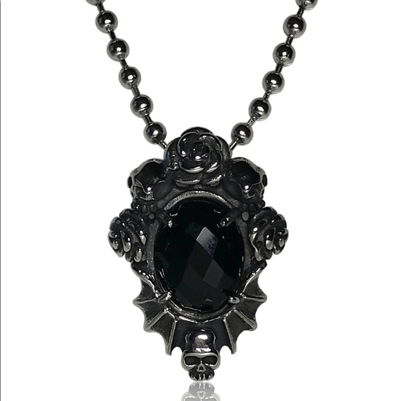 Jewelry - Gothic Punk Black Gem Rose Floral Skull Necklace